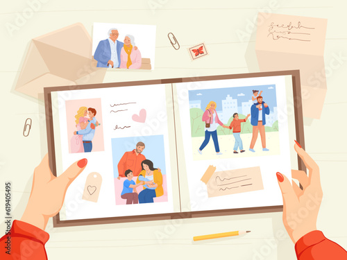 Hands holding family album. Female hand with book memory picture at home table, lady watching on couple young woman man on photo, past photograph happy emotions vector illustration