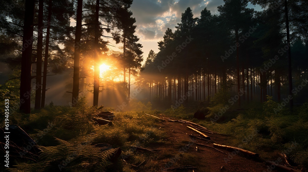 AI generated forest with dense lush trees AI generated forest with dense lush trees