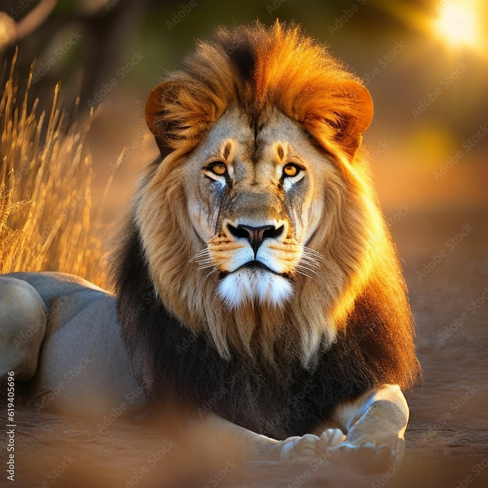 AI generated illustration of a powerful lion resting in a grassy landscape