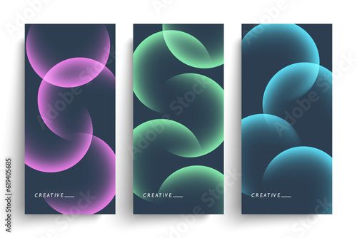 Vertical banners. Set of vibrant color gradient round shapes. Futuristic abstract backgrounds with bright colored spheres for creative graphic design. Vector illustration.