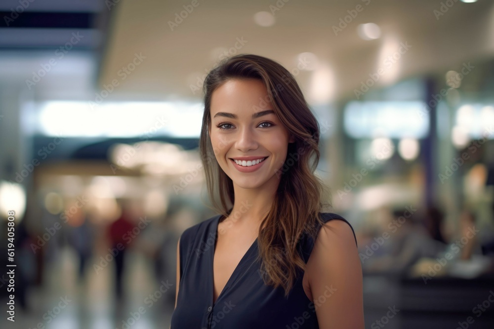 AI generated illustration of a smiling female standing in a crowded shopping mall