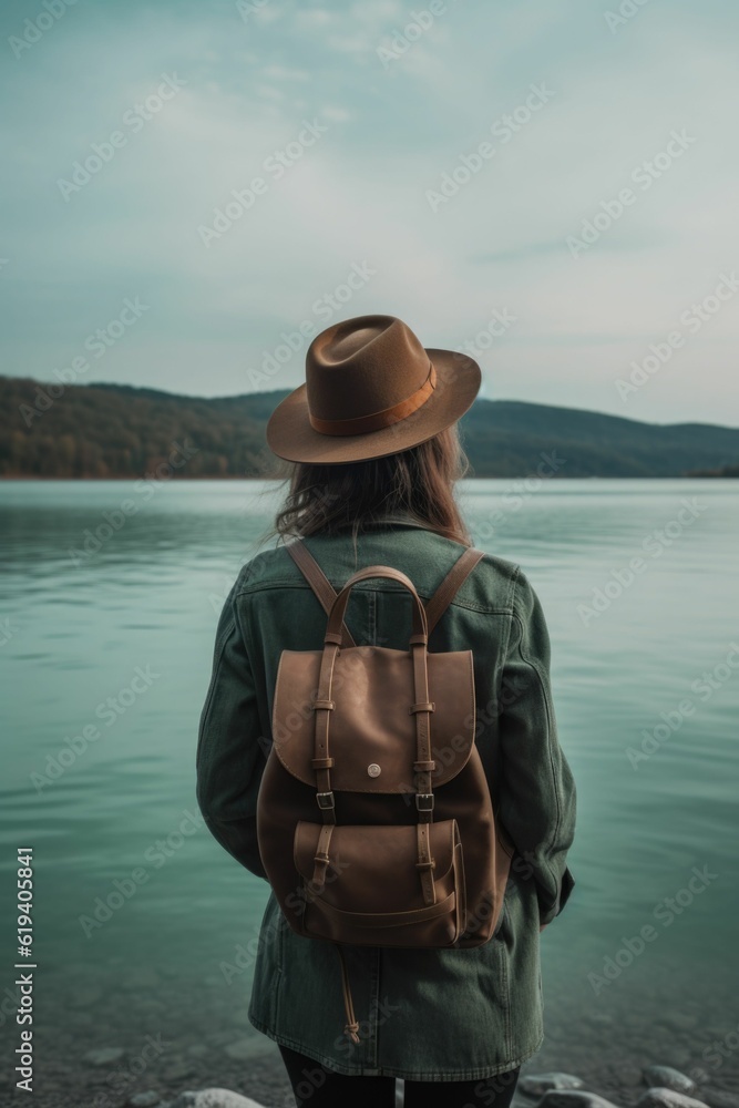 AI generated illustration of a woman with a hat standing on the bank of the river AI generated illustration of a woman with a hat standing on the bank of the river