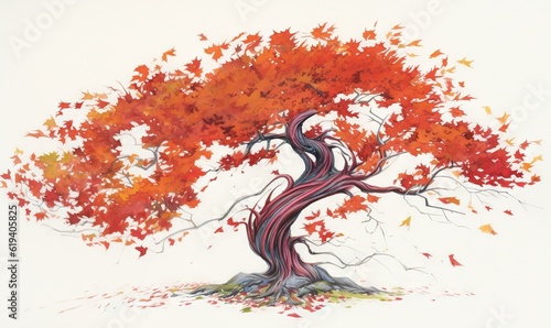  a painting of a tree with red and orange leaves on it. generative ai