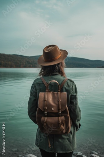 AI generated illustration of a woman with a hat standing on the bank of the river