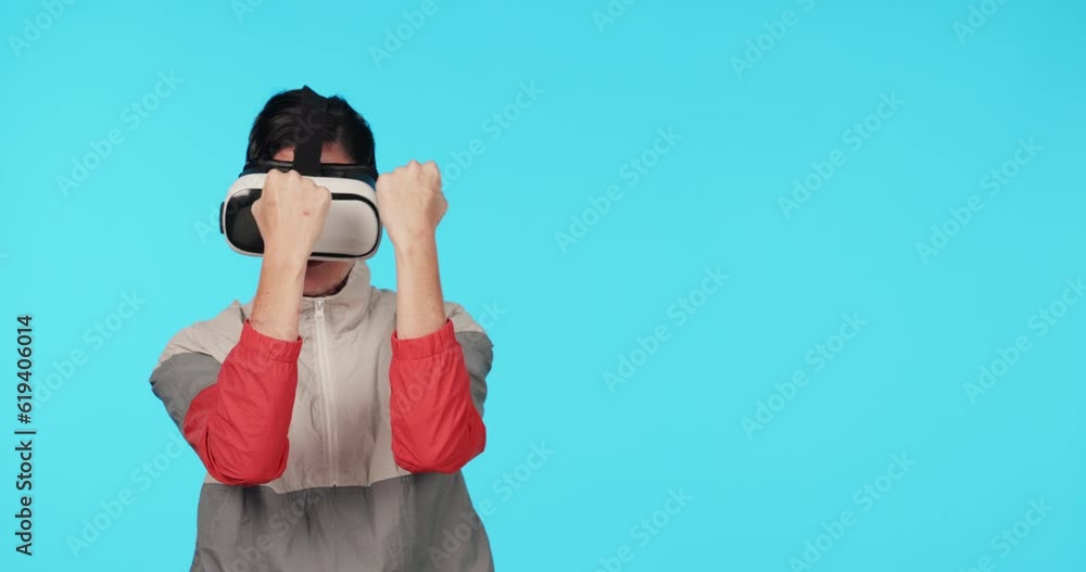 Woman, vr glasses and boxing game in studio for playing sport, metaverse and fist by blue background. Boxer girl, augmented reality goggles and gaming with fight, training and futuristic web contest Woman, vr glasses and boxing game in studio for playing sport, metaverse and fist by blue background. Boxer girl, augmented reality goggles and gaming with fight, training and futuristic web contest