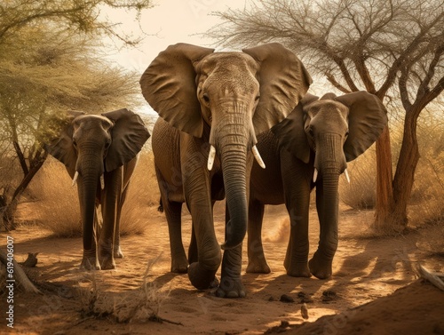 AI generated illustration of African elephants walking side by side down a sun-dappled dirt path