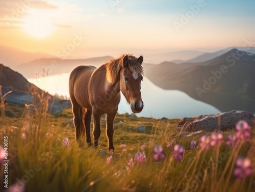 AI generated illustration of a majestic brown horse standing atop a lush green hillside