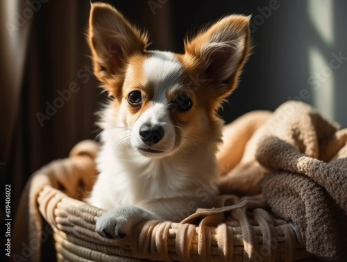 AI generated illustration of an adorable small Chihuahua resting comfortably in a cozy basket
