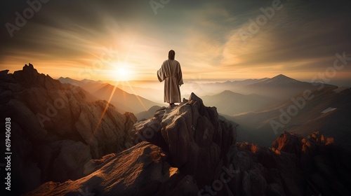 AI generated illustration of Jesus standing on the highest peak and looking at sunset © Gavin D'heilly/Wirestock Creators