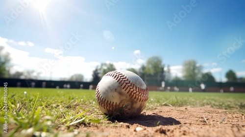 AI generated illustration of a baseball atop a lush green grass field, providing an outdoor backdrop photo