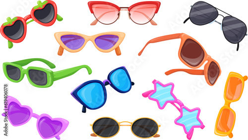 Different sunglasses. Cartoon sun spectacles, colorful glasses lens summer beach eye glass accessories metalic eyeglasses black eyewear aviator style neat specs vector illustration