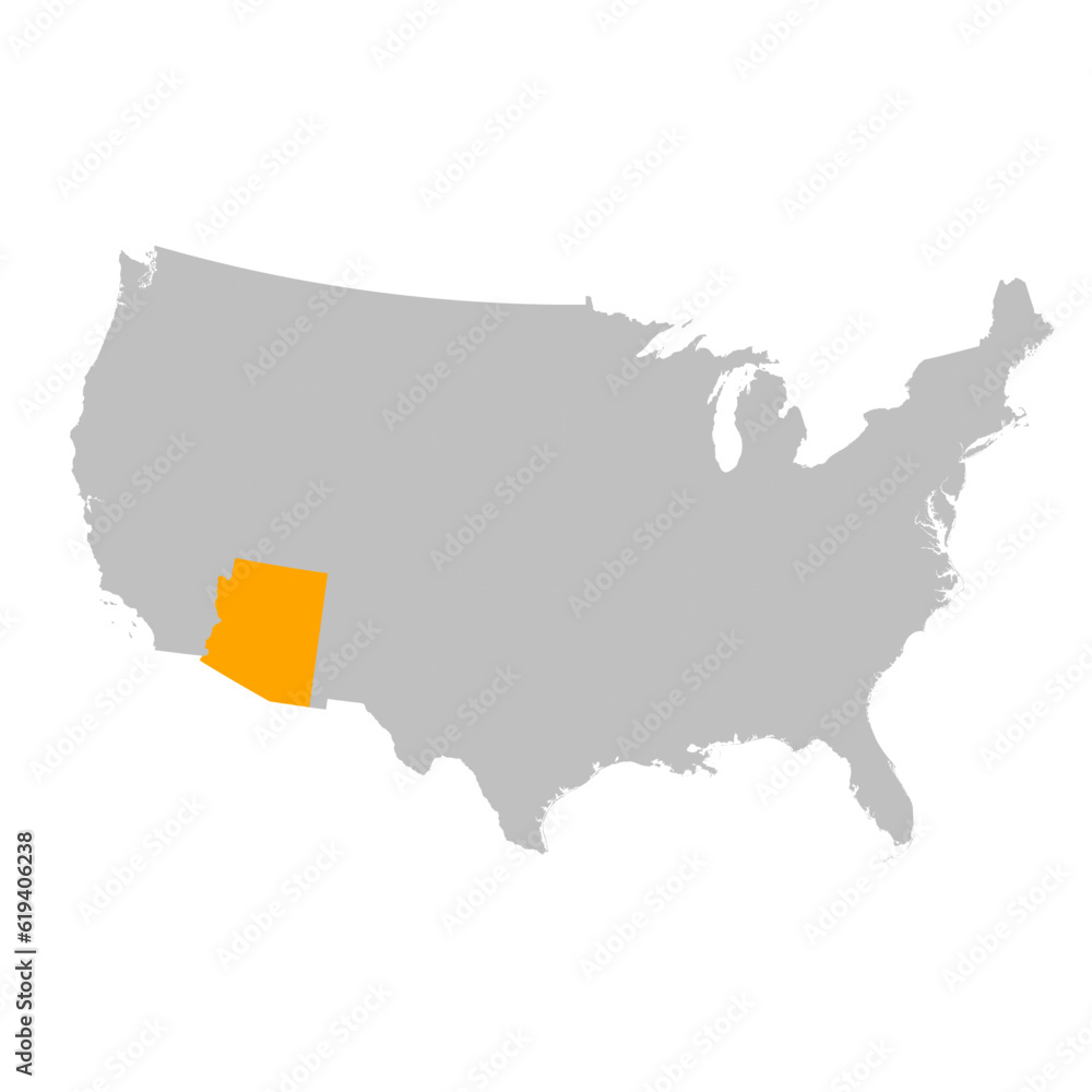 Fototapeta premium Vector map of the state of Arizona highlighted highlighted in bright orange on a map of United States of America.