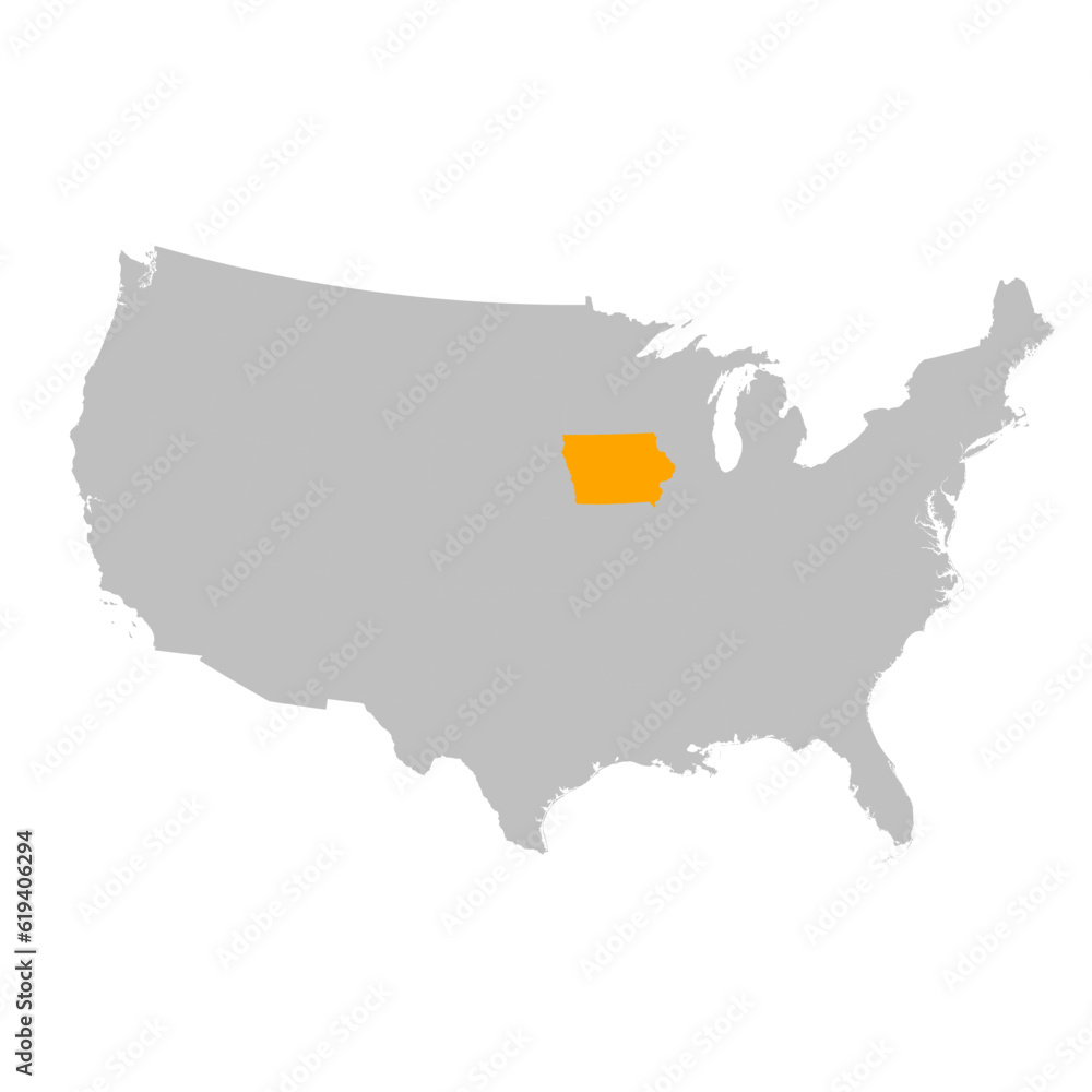 Vector map of the state of Iowa highlighted highlighted in bright orange on a map of United States of America. Vector map of the state of Iowa highlighted highlighted in bright orange on a map of United States of America.