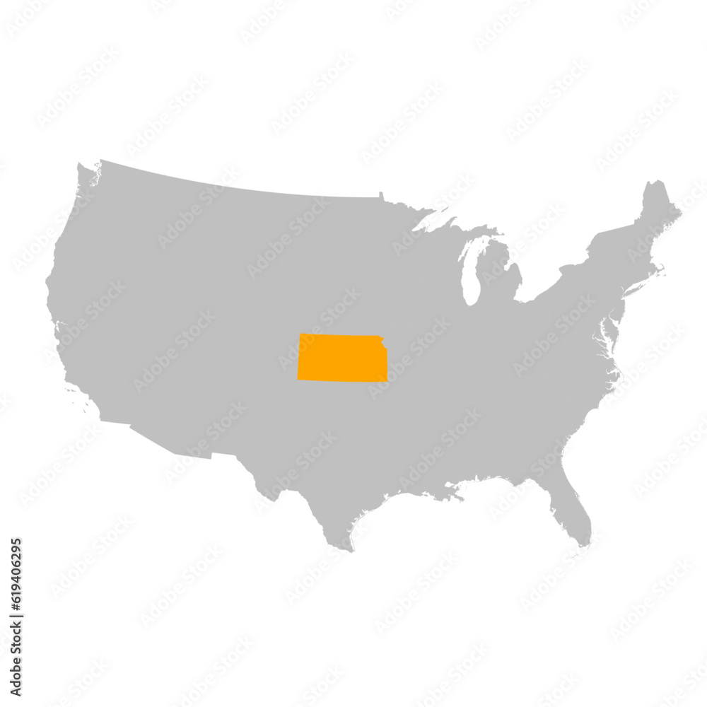 Vector map of the state of Kansas highlighted highlighted in bright orange on a map of United States of America. Vector map of the state of Kansas highlighted highlighted in bright orange on a map of United States of America.