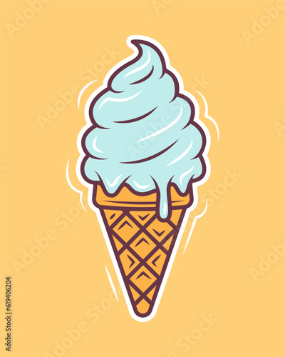 Ice cream cone cartoon style. Vector illustration isolated on a yellow background