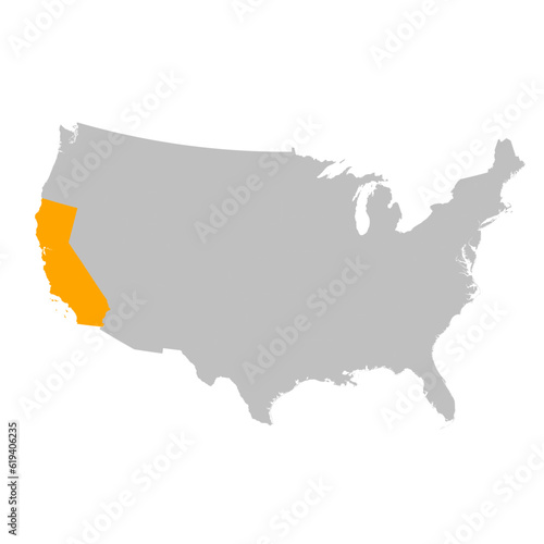 Vector map of the state of California highlighted highlighted in bright orange on a map of United States of America.
