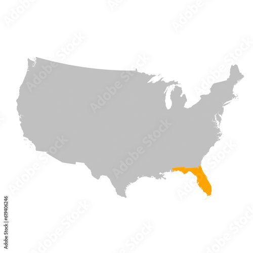 Vector map of the state of Florida highlighted highlighted in bright orange on a map of United States of America.
