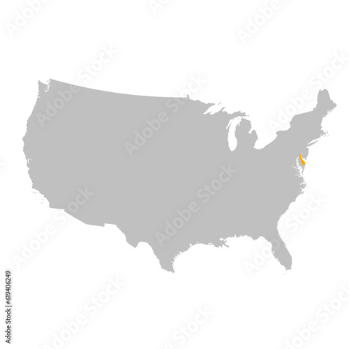 Vector map of the state of Delaware highlighted highlighted in bright orange on a map of United States of America.