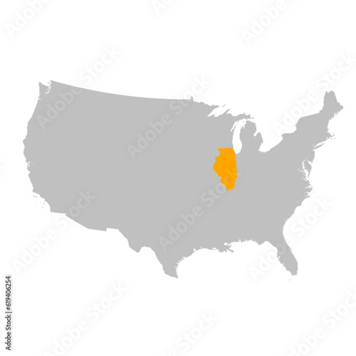 Vector map of the state of Illinois highlighted highlighted in bright orange on a map of United States of America.