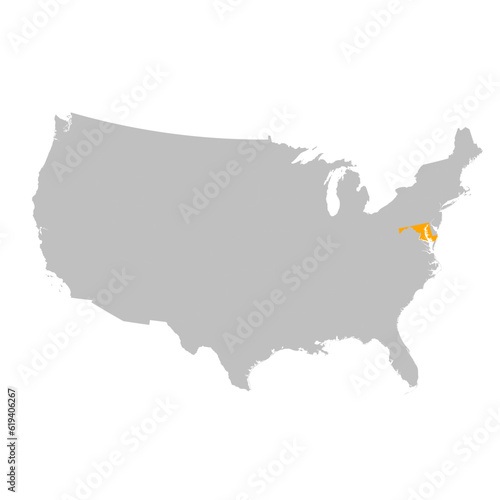 Vector map of the state of Maryland highlighted highlighted in bright orange on a map of United States of America.