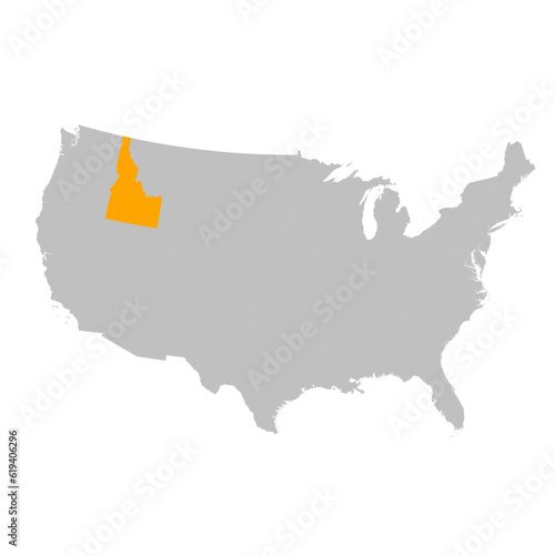 Vector map of the state of Idaho highlighted highlighted in bright orange on a map of United States of America.