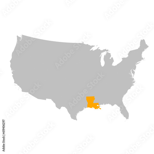 Vector map of the state of Louisiana highlighted highlighted in bright orange on a map of United States of America.