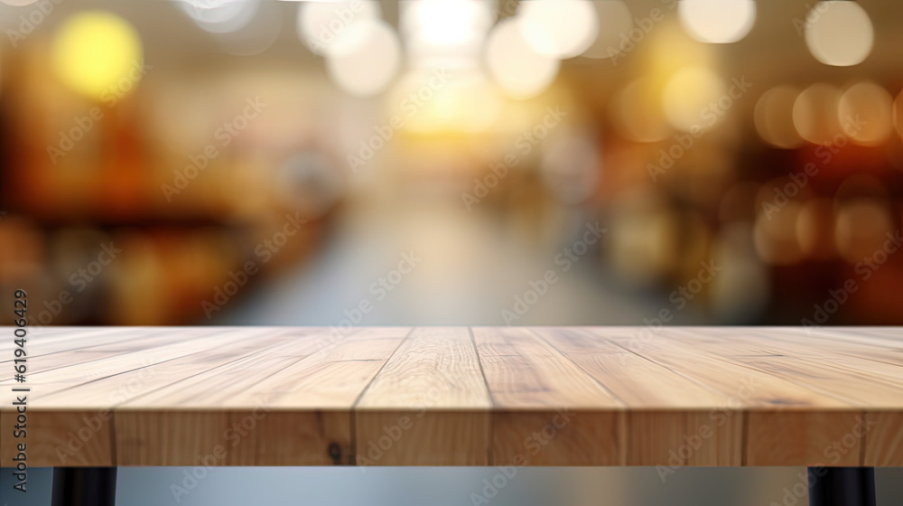 Empty Wooden Table Amidst a Hazy Supermarket Setting