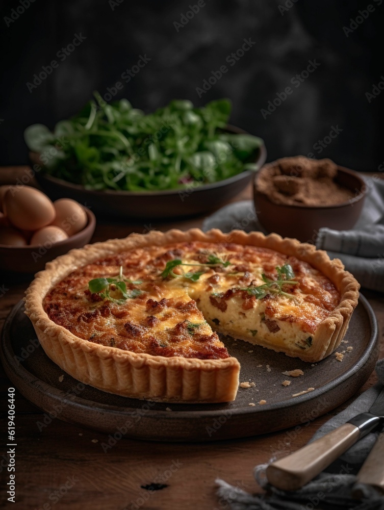 AI generated illustration of A freshly baked quiche served on a rustic wooden board AI generated illustration of A freshly baked quiche served on a rustic wooden board