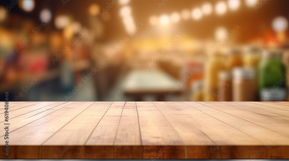An Empty Wooden Table in the Midst of a Supermarket Blur An Empty Wooden Table in the Midst of a Supermarket Blur