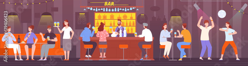 Friends in pub interior. People hangout bar counter, dancing party guy drink alcoholic beverage meeting happiness company waiter work night restaurant, splendid vector illustration