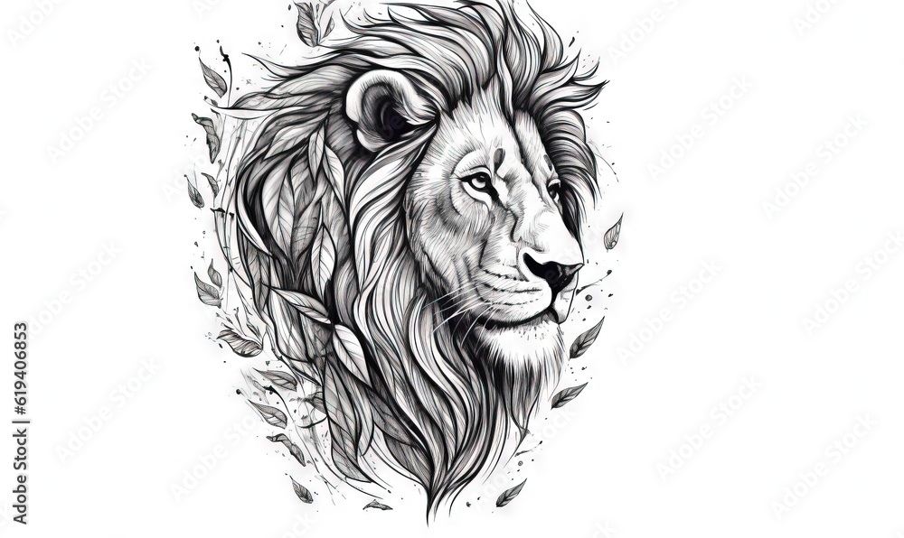  a black and white drawing of a lion's head.  generative ai