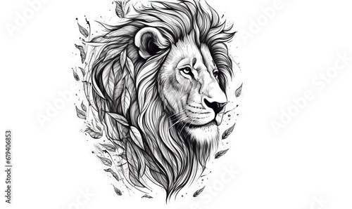  a black and white drawing of a lion s head.  generative ai