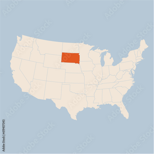 Vector map of the state of South Dakota highlighted highlighted in pastel orange on a beige map of United States of America.