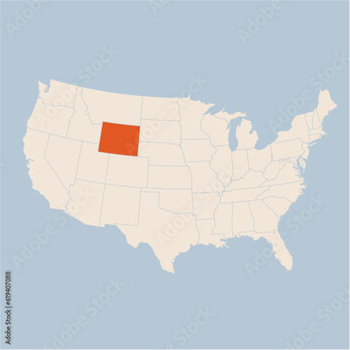 Vector map of the state of Wyoming highlighted highlighted in pastel orange on a beige map of United States of America.