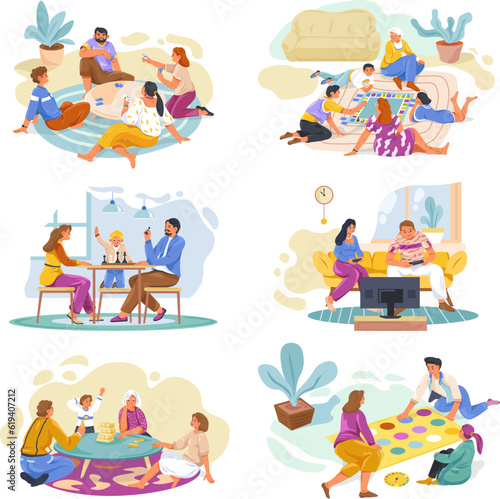 Family home games. Children playing board game with parents, mother children and dad play in card poker dice or chess on tea table, fun kid video gaming, recent vector illustration