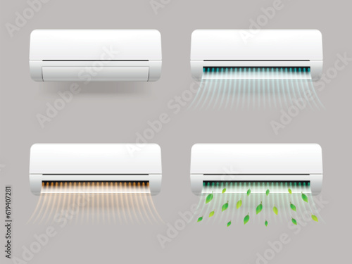 Realistic conditioner flow. Air conditioners on wall blow cold breeze or heat wind wave, fan airflow effect ac aire conditioning cool and warm winds, ad exact vector illustration
