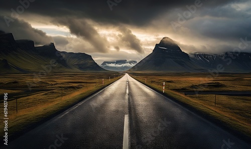  a long straight road with a mountain in the background and a cloudy sky. generative ai