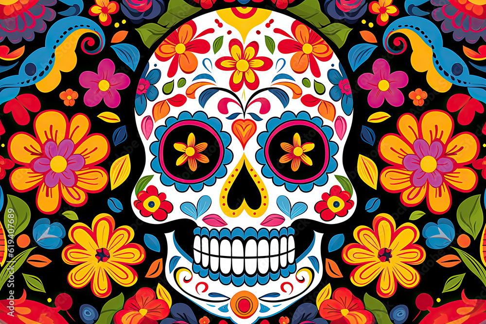 Day of the Dead skulls pattern. Dia de los muertos print. Day of the dead and mexican Halloween texture. Mexican tradition festival Day of the Dead skulls pattern. Dia de los muertos print. Day of the dead and mexican Halloween texture. Mexican tradition festival