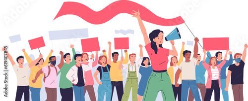 Protesters rally. Crowd protest people with banner megaphone on citizen strike or justice revolution angry woman protester street riot political activism classy vector illustration