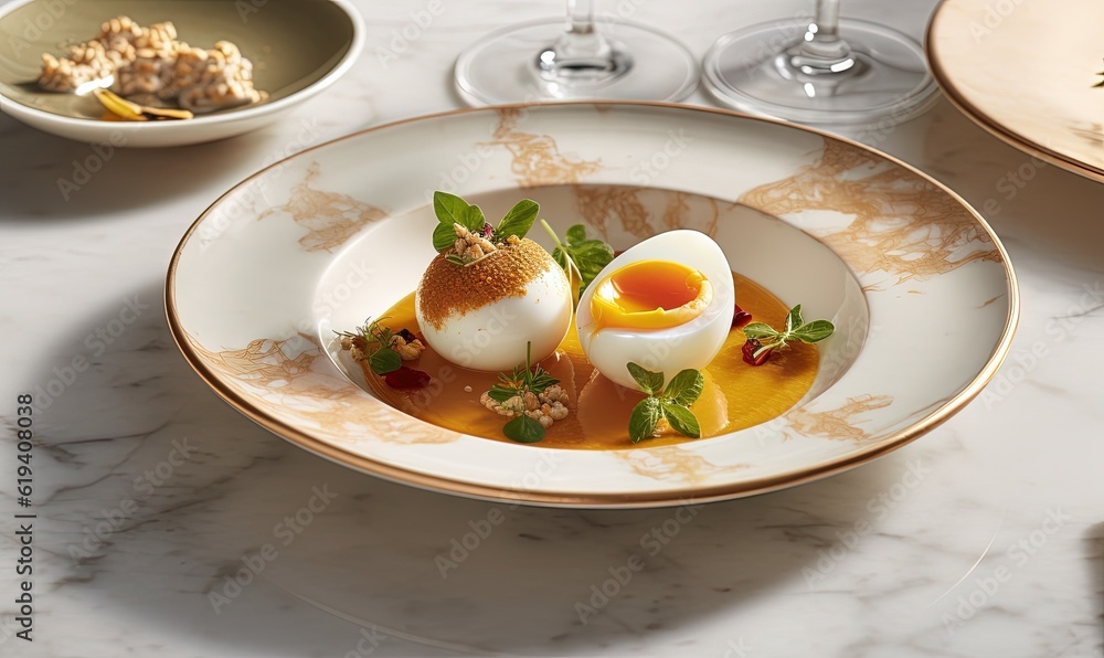 a plate of food with an egg and some other dishes. generative ai a plate of food with an egg and some other dishes. generative ai