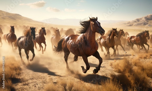  a herd of horses running across a dry grass covered field.  generative ai © Olga