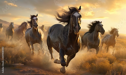  a group of horses running in a field at sunset or dawn. generative ai
