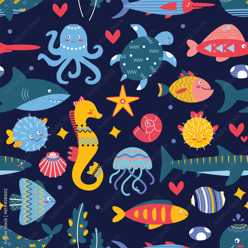 Pattern on a marine theme with shell, seaweed, seahorse, puffer fish, jellyfish, octopus. Pattern on a marine theme with shell, seaweed, seahorse, puffer fish, jellyfish, octopus.