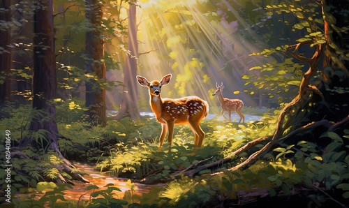  a painting of two deer in a forest with sunlight streaming through the trees. generative ai