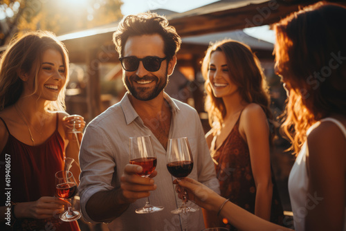 Vineyard Celebration: A Happy Group of Friends Embraces the Joy of Wine Tasting, Marking Moments of Friendship, Toasts, Celebration, and Engagement in a Picturesque Vineyard.

 photo