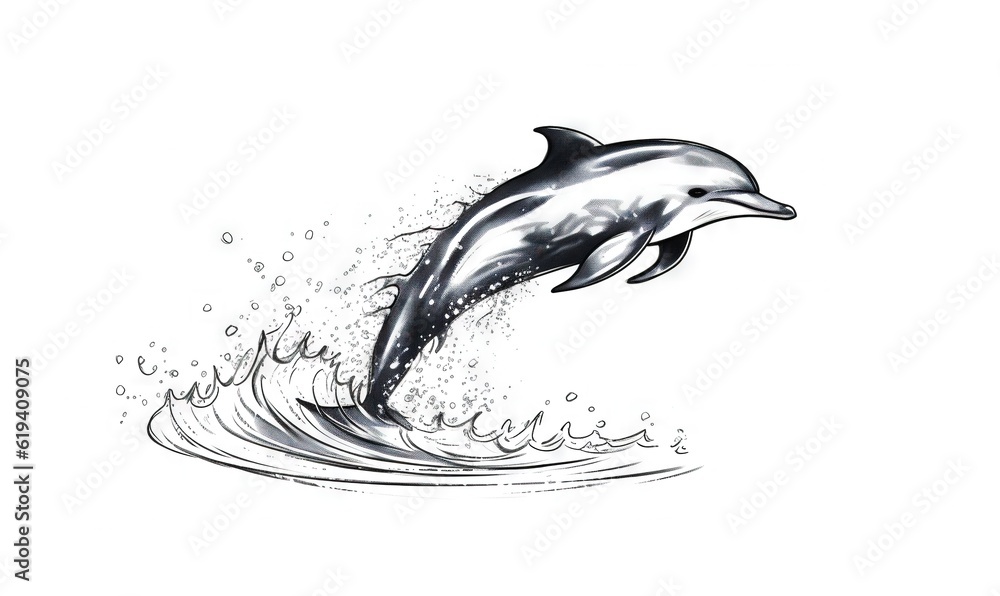 a drawing of a dolphin jumping out of the ocean water. generative ai a drawing of a dolphin jumping out of the ocean water. generative ai
