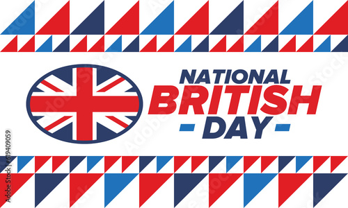 National British Day. Happy holiday, celebrated annual. Great Britain flag. British fame and glory. United Kingdom patriotic elements. Festival and parade design. Vector poster illustration