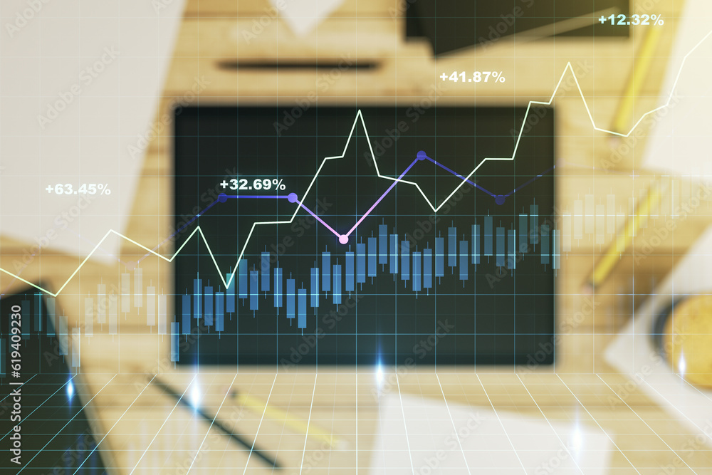 Multi exposure of abstract creative financial graph and modern digital tablet on background, top view, forex and investment concept Multi exposure of abstract creative financial graph and modern digital tablet on background, top view, forex and investment concept