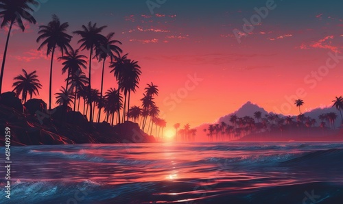  a painting of a sunset with palm trees on the shore. generative ai