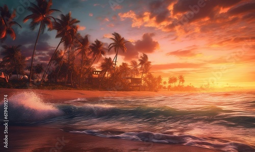  a painting of a sunset on a tropical beach with palm trees. generative ai